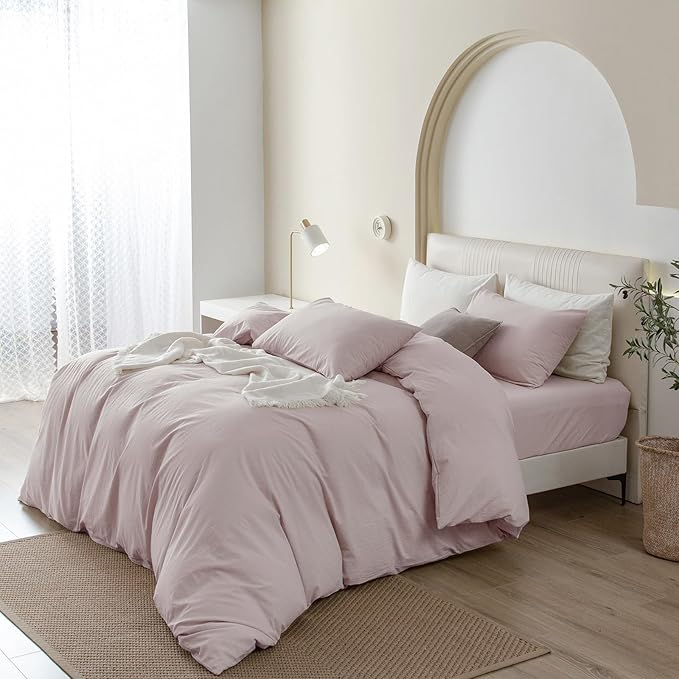 JIYUAN 100% Washed Cotton Duvet Cover Set King Size, Linen Feel Soft Breathable Bedding Set with Zipper Closure, 104x90 Duvet Cover (Comforter Not Included) & 2 Pillowcases, Heathered Greyish Pink