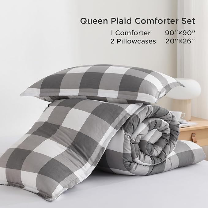 Andency Plaid Comforter Queen(90x90Inch), Gray White Checkered Gingham Buffalo Bed Set for Boys Teens, Lightweight Bedding, 3 Pieces(1 Comforter & 2 Pillowcases)