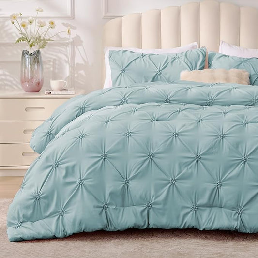 BEDELITE Dusty Blue King Size Comforter Set - 3 Pieces Boho Pintuck Bedding Comforter Sets, Lightweight Soft & Warm King Bedding Set with 2 Pillowcases for All Season