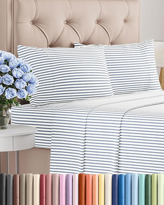 Queen Size 4 Piece Sheet Set - Comfy Breathable & Cooling Bed Sheets Set - Hotel Luxury Bedding for Women, Men, Kids, Teens, Boys & Girls - Deep Pockets, Soft, Wrinkle Free - Oeko-Tex - Blue Stripes 2