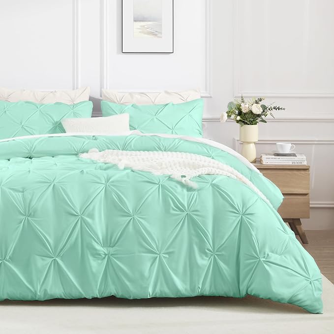 Andency California King Comforter Set Mint Green (104x96Inch), Pinch Pleat Cal King Comforter Set 3 Pieces, Oversized King Pintuck Bed Comforter, Microfiber Down Alternative Comforter Bedding Set