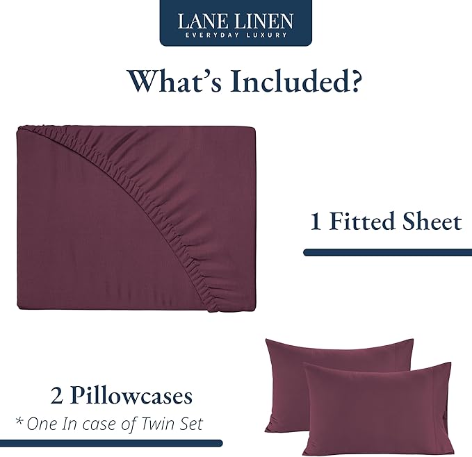 LANE LINEN Twin XL Fitted Sheet, 100% Organic Cotton 2-Piece Set (1 Fitted Sheet, 1 Pillowcase), Percale Weave, Soft, Breathable, Fits Mattress Upto 15" Deep - Windsor Wine (No Flat Sheet)