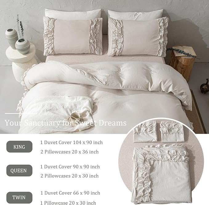 Bedorm Beige Duvet Cover Twin Shabby Chic Bedding Soft Breathable Washed Microfiber Ruffle Duvet Cover Coquette Cute Comforter Cover Girls Women