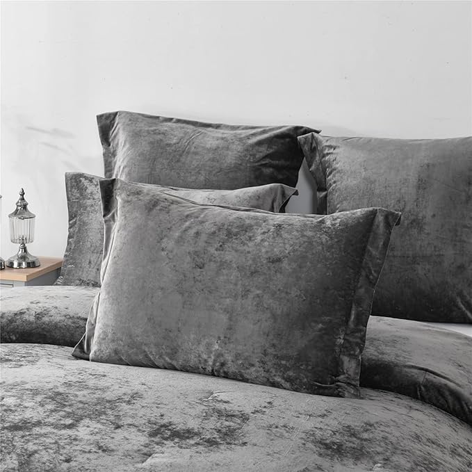 Sunshine Nicole Distressed Velvet Comforter Set, Distressed Velvet Face and Brushed Solid Microfiber Reverse, with Light Weight Soft Poly Fill, 5 Pieces Grey Queen