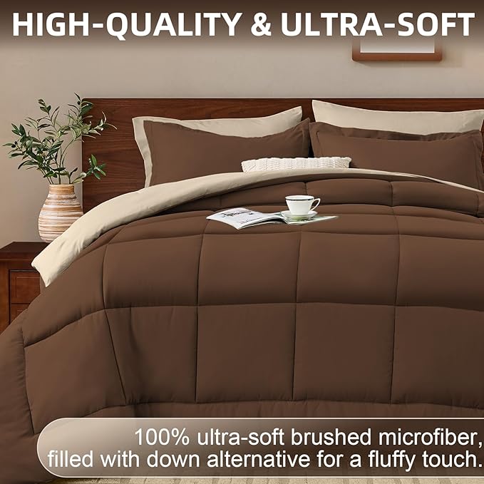 FUANNA King Size Comforter Set 7 Pieces, Reversible Bedding Sets with All Season Comforter, Bed in a Bag Includes Comforter, Flat Sheet, Fitted Sheet, Pillowcases & Shams, Dark Brown & Oatmeal