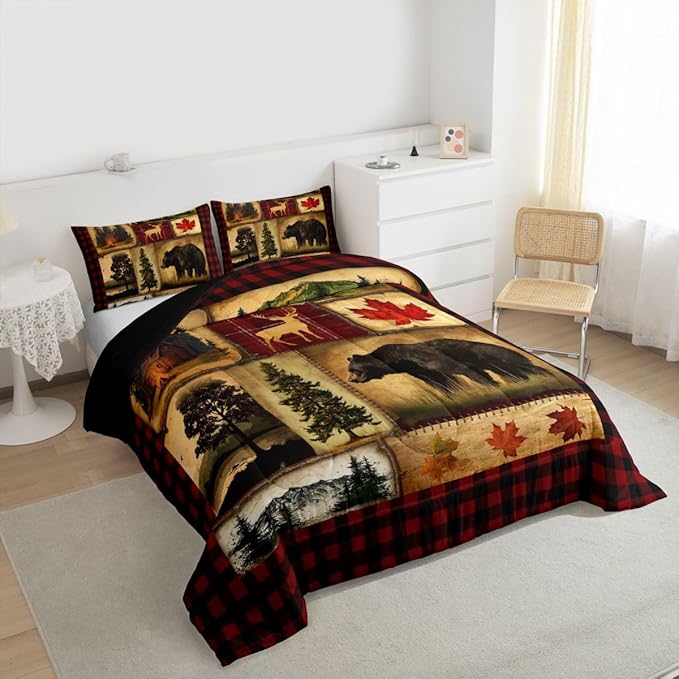 Bear Cabin Plaid Comforter Set Queen, Rustic Farmhouse Bedding Comforter Sets, Retro Hunting Deer Bedding, Country Woodland Pine Tree Duvet Set, Maple Leaf Lodge Decor Down Comforter, Red Black Brown