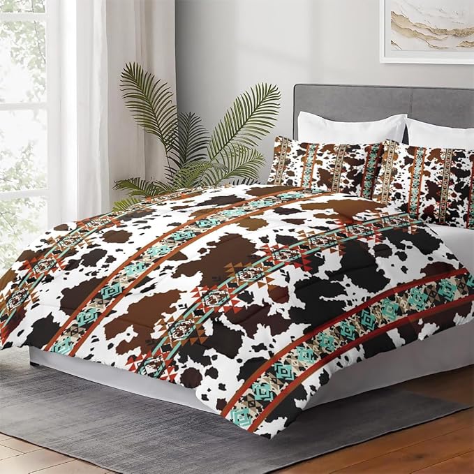 King Size Comforter Set with 2 Pillowcases, Cow Brown Cowhide 3 Pcs Soft Bedding for Kids and Adults, Vintage Western Animal Comforter Set for Bedroom Bed Decor
