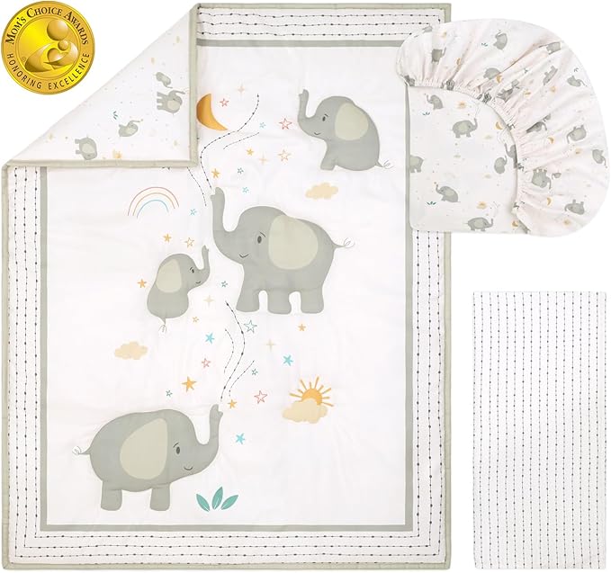 The Peanutshell 3 Piece Elephant Whimsy Baby Crib Bedding Set Boy or Girl, Nursery Decor Boy Crib Comforter Set, Classic Neutral Ivory & Cream Tones Quilt and Accessories, Gender Neutral