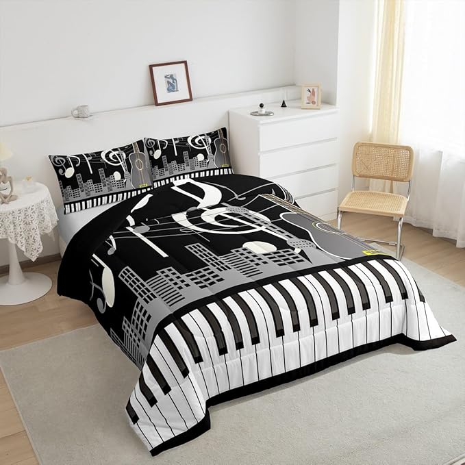 Erosebridal Paino Keys Bedding Set King Size Musical Notes Comforter Set Guitar Rock Music Bedding Comforter for Kids Boys Teens Men Retro Black White Grey Down Comforter Bedroom Decor 3 Piece