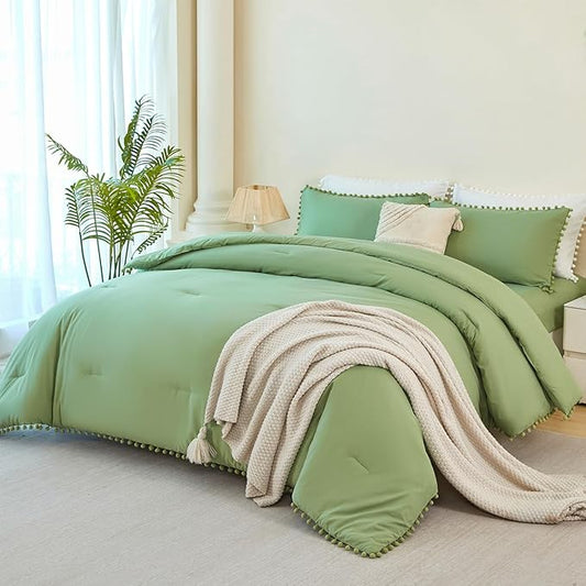 PERFEMET Green Bedding Set Full Size 5 Pieces Boho Pom Pom Fringe Bed in A Bag for Girls Kids Soft Lightweight All Season Solid Comforter Set for Bedroom(Green, Full)
