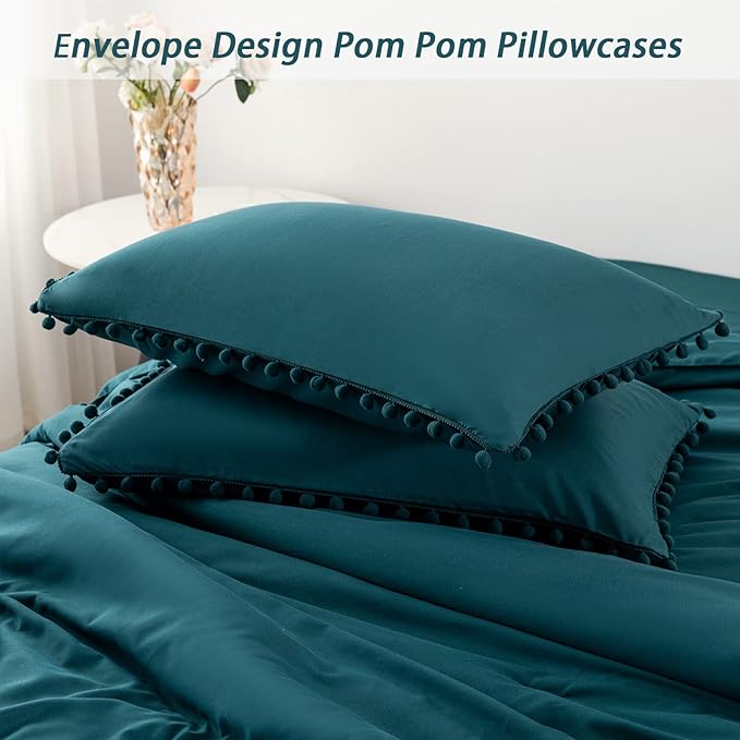 PERFEMET 5 Pcs Boho Bed in a Bag Queen Teal Boho Chic Pom Pom Fringe Comforter for Girls Women Ultra Soft Lightweight Bedding with Sheet Set for All Season(Teal, Queen)