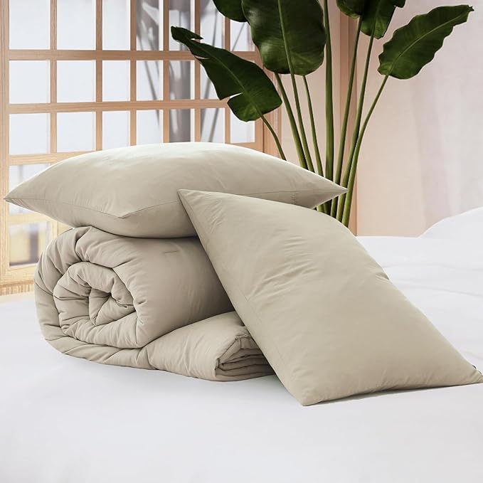 WRENSONGE Full Size Comforter Sets - 3 Pieces Light Oatmeal Comforter Prewashed Soft Lightweight for All Seasons, Fluffy Down Alternative Comforter Full Size with 2 Pillow Shams