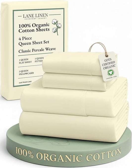 LANE LINEN , Eco Friendly 100% Organic Cotton Sheets Queen Size Bed Set, Soft & Comfy Fully Elasticized Percale Sheets, Fade Resistant Low Pill 15" Deep Pocket Queen Sheet Set – Vanilla