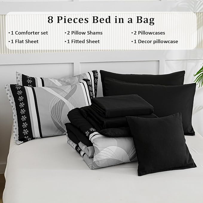 Anibedding Black Comforter Set Full Size,8 Pieces Boho Bed in a Bag Patchwork Striped Comforter Set, Soft Microfiber Bedding Set for All Season(78"×90")