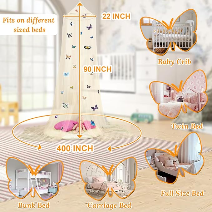 South to East Bed Canopy for Girls with Glowing Butterfly in The Dark, Beige Princess Bed Curtains for Girls, Kids Bed & Toddler Bed, Twin, Full & Queen, Mosquito Net Canopy for Bedroom