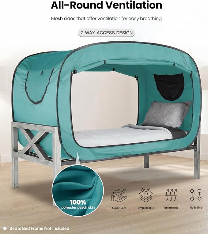 Bed Tent Twin Bed Canopy Portable Dream Tent for Adult Indoor Sleeping Tents with 2 Doors Breathable Private Space Tents, Teal