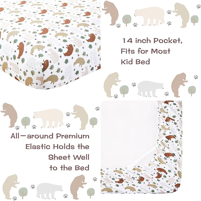 Kids Sheet Set Full Size, Full Sheet Set with Forest Bear Pattern，Breathable Silky Soft Microfiber Kids Fitted Sheet