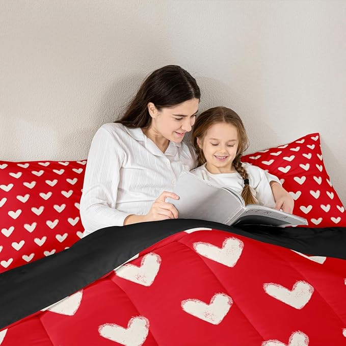 Red White Comforter Set Twin Size Cute Heart Pattern Bedding For Kids Boys Girls Valentine Day Gift Quilt Cartoon Love Geometric Duvet Insert Love Heart Soft Warm Bedding Sets Bedroom Decor 2Pcs