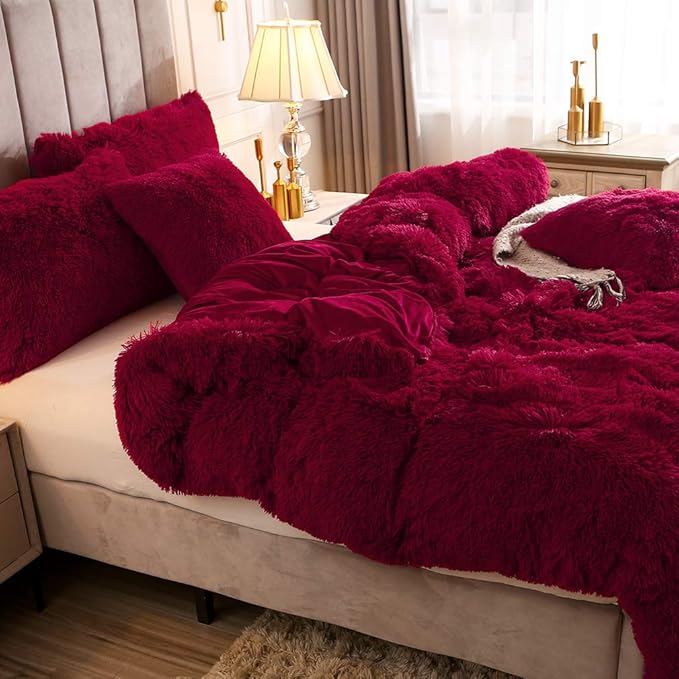 Uhamho Faux Fur Velvet Fluffy Bedding Duvet Cover Set Down Comforter Quilt Cover with Pillow Shams, Ultra Soft Warm (Burgundy, King)