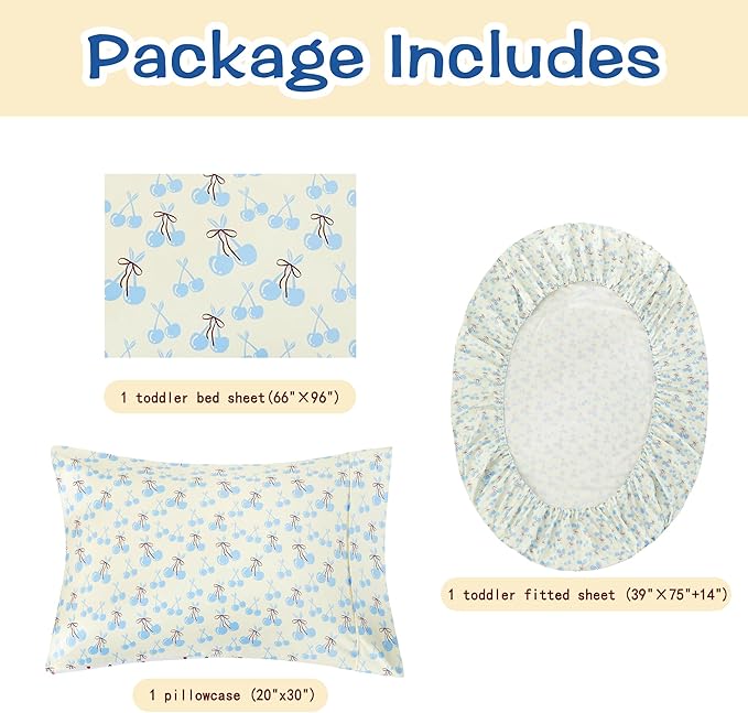 Kids Sheet Set Twin Size, Twin Sheet Set with Blue Cherry Pattern，Breathable Silky Soft Microfiber Kids Fitted Sheet