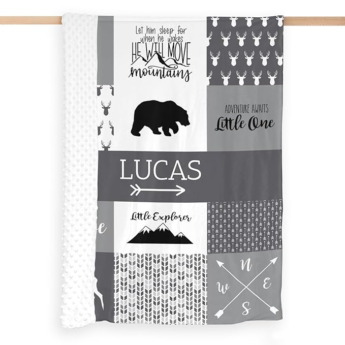 Custom Micro Fleece Baby Blanket for Boys with Double Layer, Breathable and Soft Lightweight Receiving Blanket for Newborns, 35x45 Inches, Woodland Bear, Gray