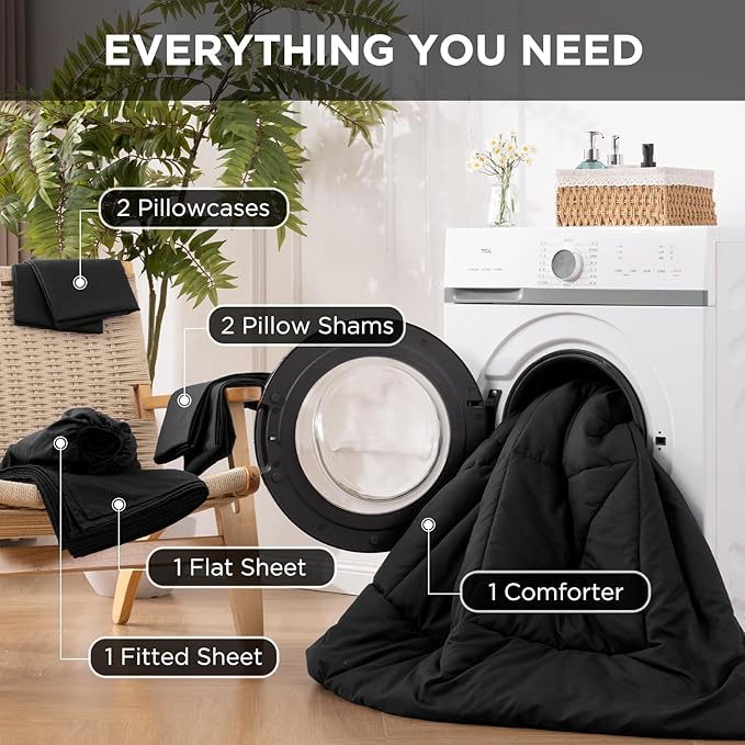 7 Pieces Queen Comforter Set - Utral Soft Microfiber Bedding Set, Thick Duvet Insert Bed in a Bag Without Rustling Noise for All Season, Black (88"x88")