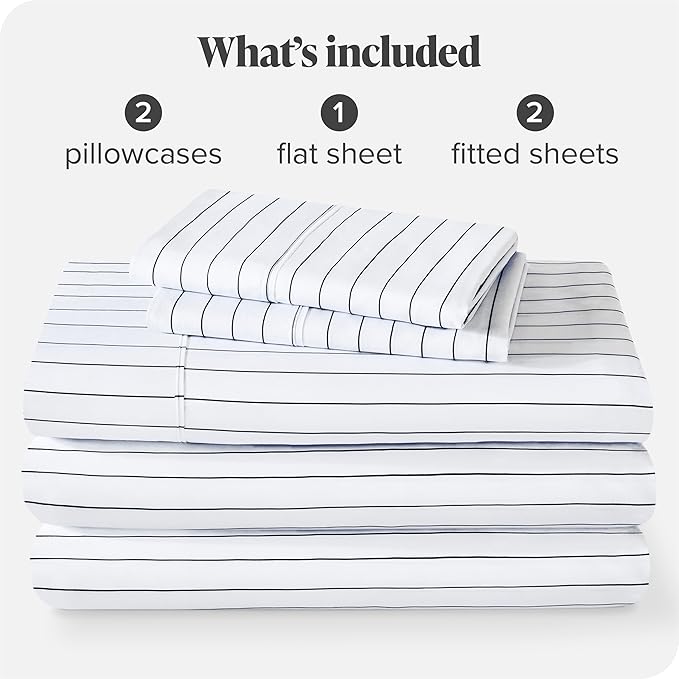 Bare Home Split King Sheet Set - 1800 Ultra-Soft Microfiber Split King Bed Sheets - Double Brushed - Deep Pockets - Easy Fit - 5 Piece Set - Bed Sheets (Split King, Pinstripe - White/Midnight)
