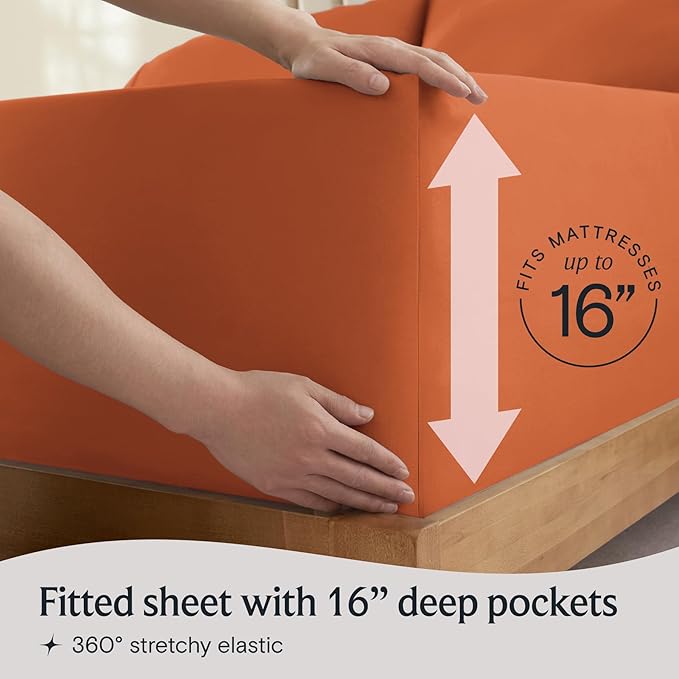 LuxClub 4 PC King Size Sheet Set Deep Pockets 18" Wrinkle Free Cooling Sheets Machine Washable Hotel Bedding Silky Soft - Autumn Orange King