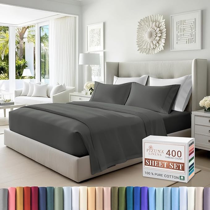 Pizuna Pure 100% Cotton Sheets California King Size, Luxurious 400 Thread Count Long Staple Cotton Sateen Sheets with 15" Deep Pocket (Combed Dark Grey Sheet California King)