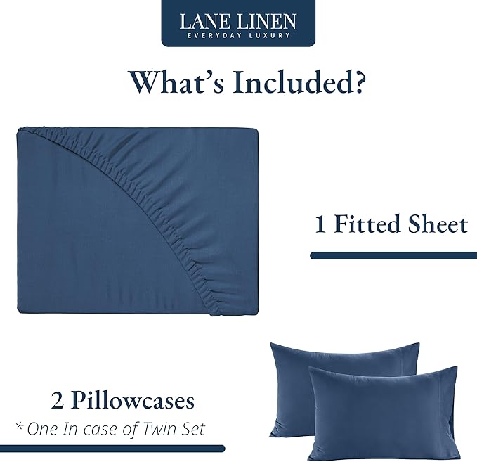 LANE LINEN Twin XL Fitted Sheet, 100% Organic Cotton 2-Piece Set (1 Fitted Sheet, 1 Pillowcase), Percale Weave, Soft, Breathable, Fits Mattress Upto 15" Deep - Estate Blue (No Flat Sheet)