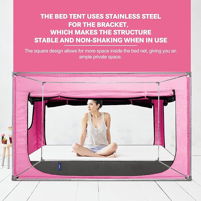 Twin Bed Canopy Portable Blackout Bed Tent Privacy Tent for Adult Indoor Sleeping with 3 Doors, Storage Bag, Pink