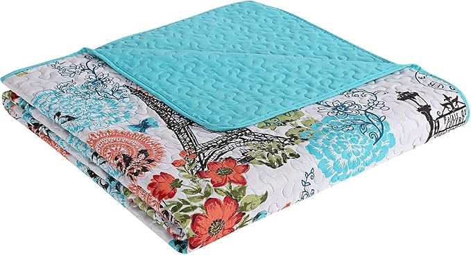 VCNY Home Blue Quilt for Queen Bed - 3-Piece Full or Queen Comforter Alternative, Bedspread Coverlet with Shams (Eiffel Paris Decor)