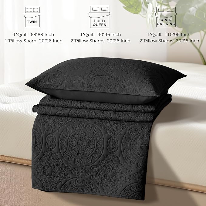WURUIBO Black Quilt Set Twin Size, Embossing Microfiber Bedspreads with Pillow Sham, Ligthweight Breathable Thin Coverlet, Reversible Bedding Set for All Season (1 Quilt, 1 Pillow Sham)