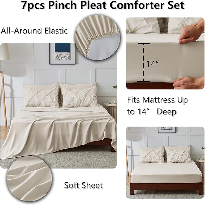 Queen Comforter Set Beige, 7 Pieces Pintuck Bed in A Bag Queen Size Bedding, Soft Bed Set All Season Pinch Pleat Comforter Set with Sheets, Pillowcases & Shams