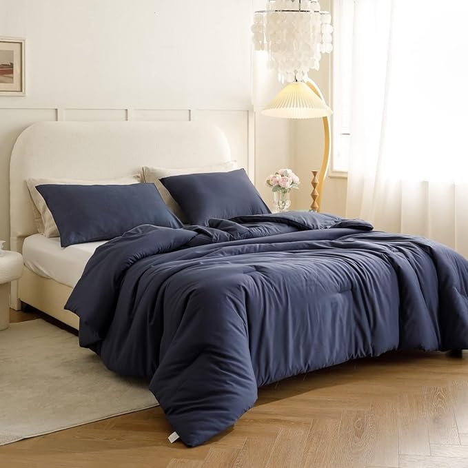 ROSGONIA Oversized Queen Comforter Navy Blue, 3pcs (1 Comforter & 2 Pillowcases) Lightweight Oversized Queen Comforter Sets Bedding Blanket Quilts