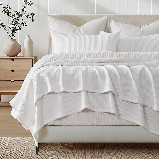 EVERGRACEHOME Cotton Gauze Full Queen Bedspread, Ultra Soft Prewashed Pick Stitch Matelassé Coverlet, Lightweight Textured Oversized Queen Quilt Bedding Set for All Season, w/2 Shams, White
