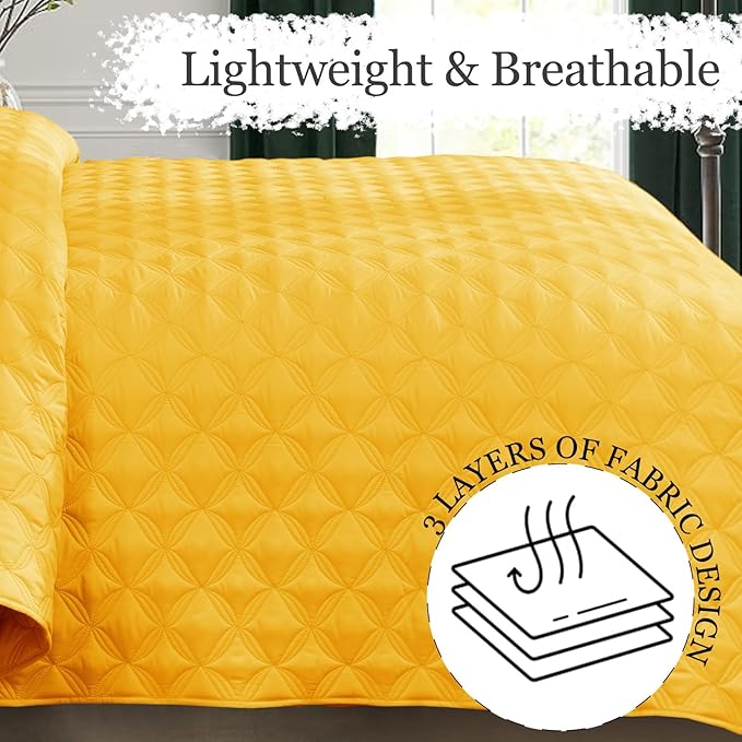 Exclusivo Mezcla King Quilt Set, 3 Pieces Lightweight Quilts King Size with Geometric Ellipse Pattern, Soft Quilted Bedspreads Yellow Coverlets Bedding Set for All Seasons