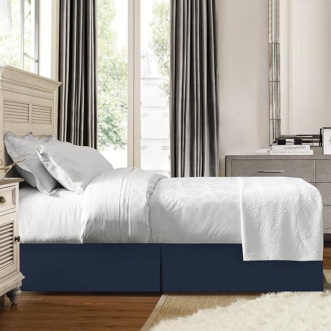 Bed Skirt - Soft Quadruple Pleated Ruffle - Easy Fit with 16 Inch Tailored Drop - Hotel Quality, Shrinkage and Fade Resistant//Navyblue/Queen