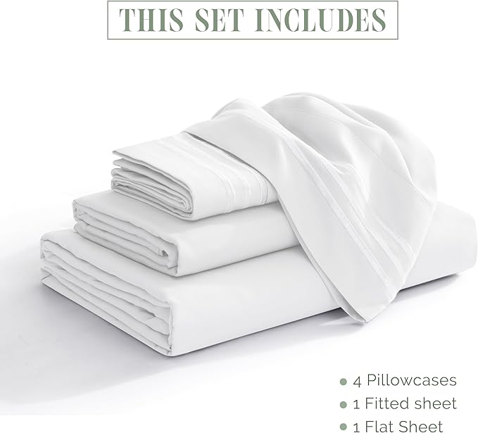 Elegant Comfort Luxurious 1500 Premium Hotel Quality Microfiber Three Line Embroidered Softest 4-Piece Bed Sheet Set, Wrinkle and Fade Resistant, RV Short Queen, White
