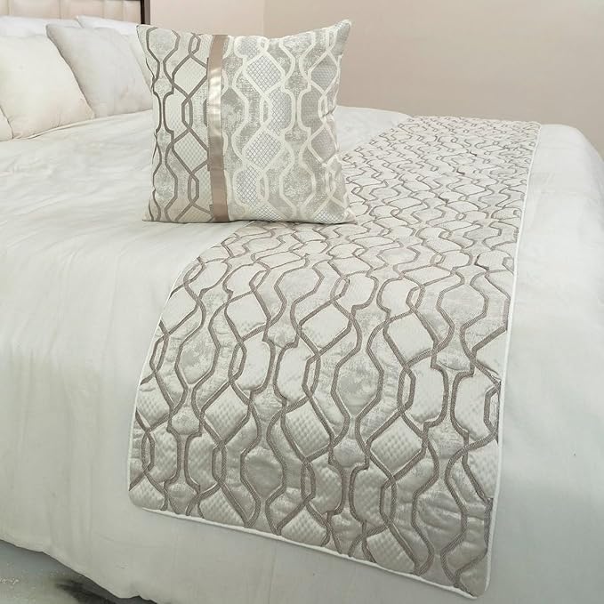 The HomeCentric King/Queen/Twin Ivory & Silver Decorative Queen 74"x18" Bed Runner Without Pillow Cover, Lattice & Quilted Bed Scarf on Jacquard Silk Fabric - Ivory Delicacy
