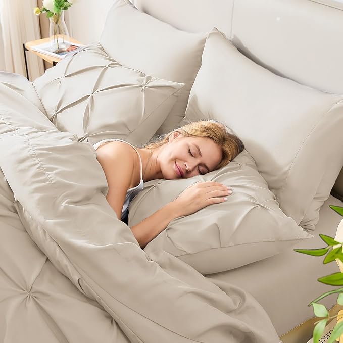 CozyLux Twin Comforter Set with Sheets Beige, 5 Pieces Pintuck Bed in A Bag, Twin Bed Set Gift for Family, Pinch Pleat Bedding Set with Comforter, Sheets, Pillowcase & Sham