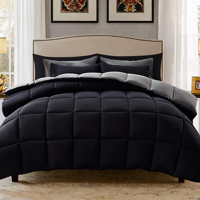 Decroom Lightweight Twin Comforter Set with 1 Pillow Sham - 2 Pieces Set - Quilted Down Alternative Comforter/Duvet Insert for All Season - Black/Grey - Twin/Twin XL Size