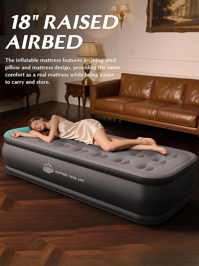 Twin Air Mattress with Built in Pump, 18" Upgraded One-Touch Inflatable Airbed for Home, Camping Guests, Portable Blow Up Mattress, 440lbs Capacity