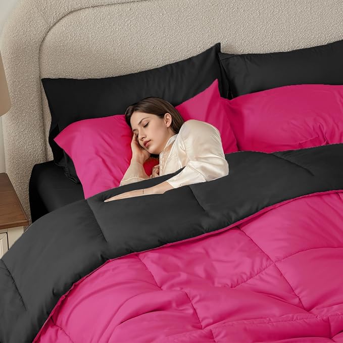 Anluoer Full Comforter Set,Hot Pink&Black Bed in a Bag 7 Piece,Lightweight Bedding Set with Soft Down Alternative Fill,Bed Set Includes Comforter, Fitted Sheet, Flat Sheet,Pillowcases and Shams