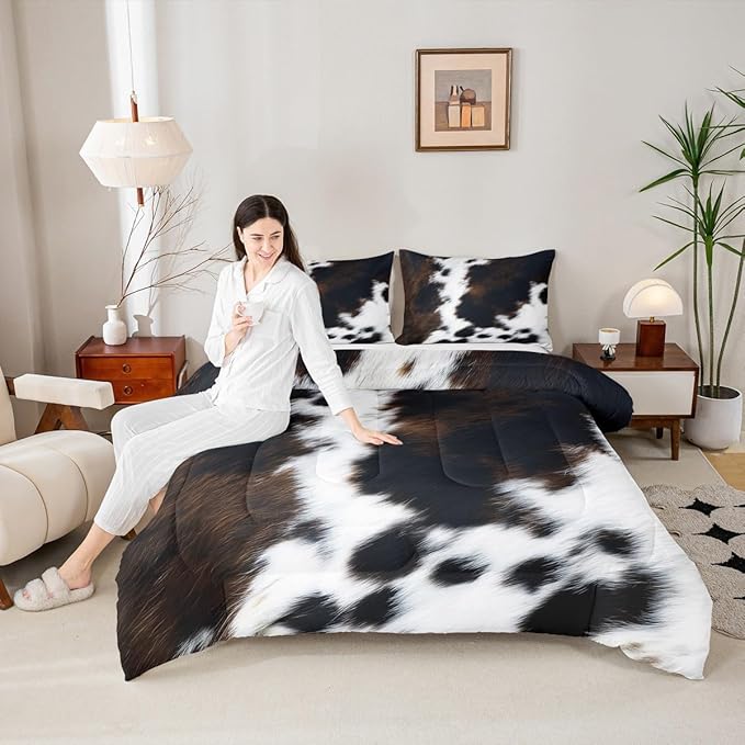 Brown Cowhide Comforter Set King,Black White Aztec Cow Print Bedding Set Western Farmhouse Animal Fur Down Comforter for Kids Boys Girls,Rustic Cowboy Quilt Duvet Set 2 Pillow Cases Bedroom Decor