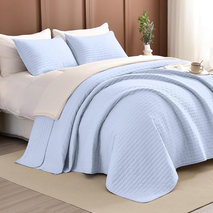 Lady Ann Light Blue Oversized Queen Bedspreads 100x106, Extra Large 3PCS Oversized Queen Quilt Set for Bed, Lightweight & Ultra-Soft Farmhouse Bedspreads & Coverlets