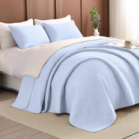 Lady Ann Light Blue Oversized King Bedspreads 128x120, Extra Large 3PCS Oversized King Quilt Set for Bed, Lightweight & Ultra-Soft Thin ComforterFarmhouse Bedspreads & Coverlets