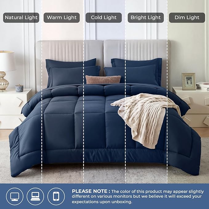 Sasttie Oversized King Comforter Set, 7 Pieces Extra Large Bed in a Bag, Complete Bedding Set Includes 120''x98'' Comforter, Flat Sheet, Fitted Sheet, Pillowcases and Pillow Shams, Navy