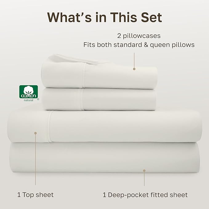 California Design Den Natural 100% Cotton Sheets for Queen Size Bed - Soft 400 Thread Count Sateen Sheets, Deep Pockets, All Around Elastic, Snug Fit, Durable Bedding Set - Ivory (Pale Tone)