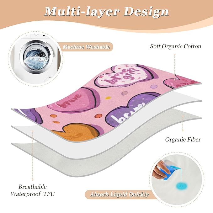 Waterproof Bed Pad Reusable Changing Pad Toddler Mattress Protector Large Pee Pad Baby Diaper Pad Soft Washable Liner Be Brave Girl Hearts Stars Dots